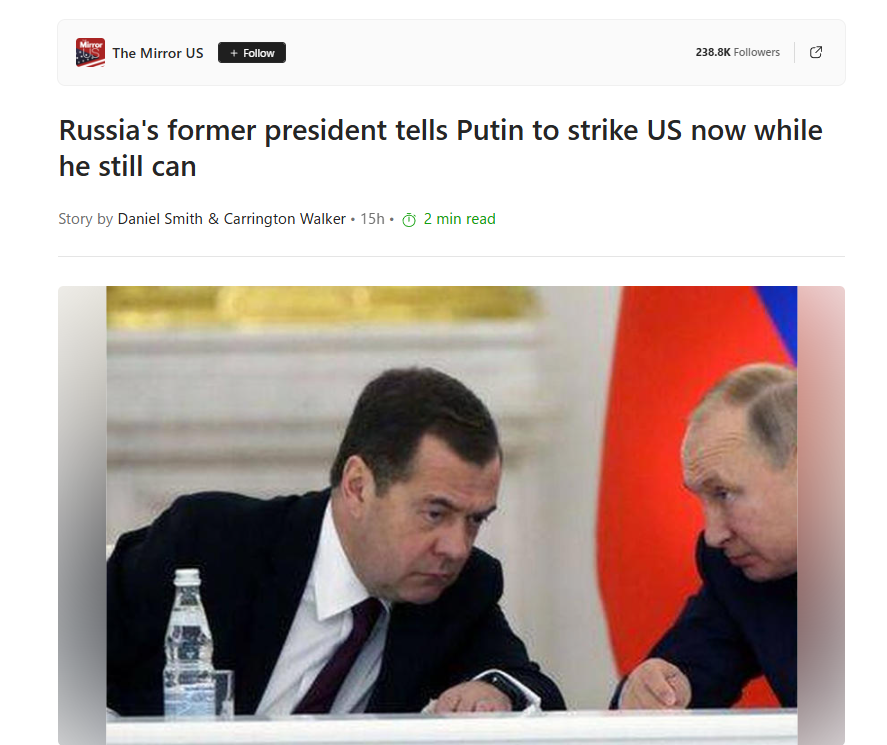 Medvedev Advises Putin Begin WWIII Earlier than Trump’s 50 Day Ultimatum Medvedev Advises Putin Begin WWIII Earlier than Trump’s 50 Day Ultimatum